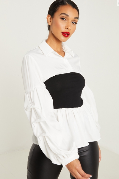 White Ruched Sleeve Contrast Shirt